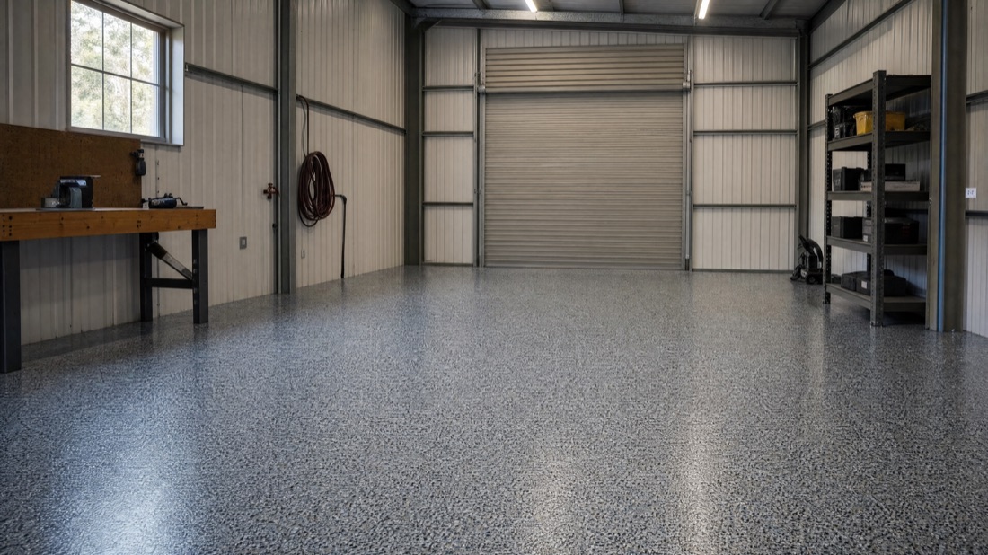 Commercial shop floor finished with a durable flake coating