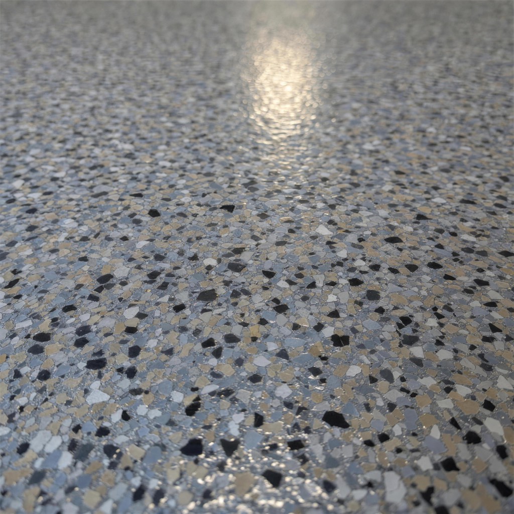 Close view of a flake blend under a glossy top coat