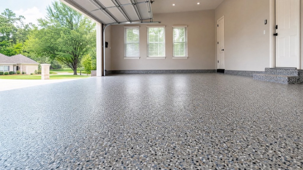 Flake floor in a two-car garage, seen from the open door toward the back wall