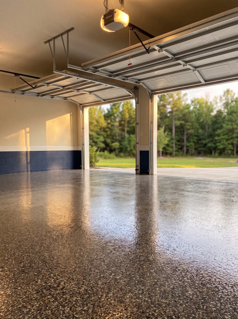 Garage floor finished in a grey and black flake blend, running back to an open overhead door