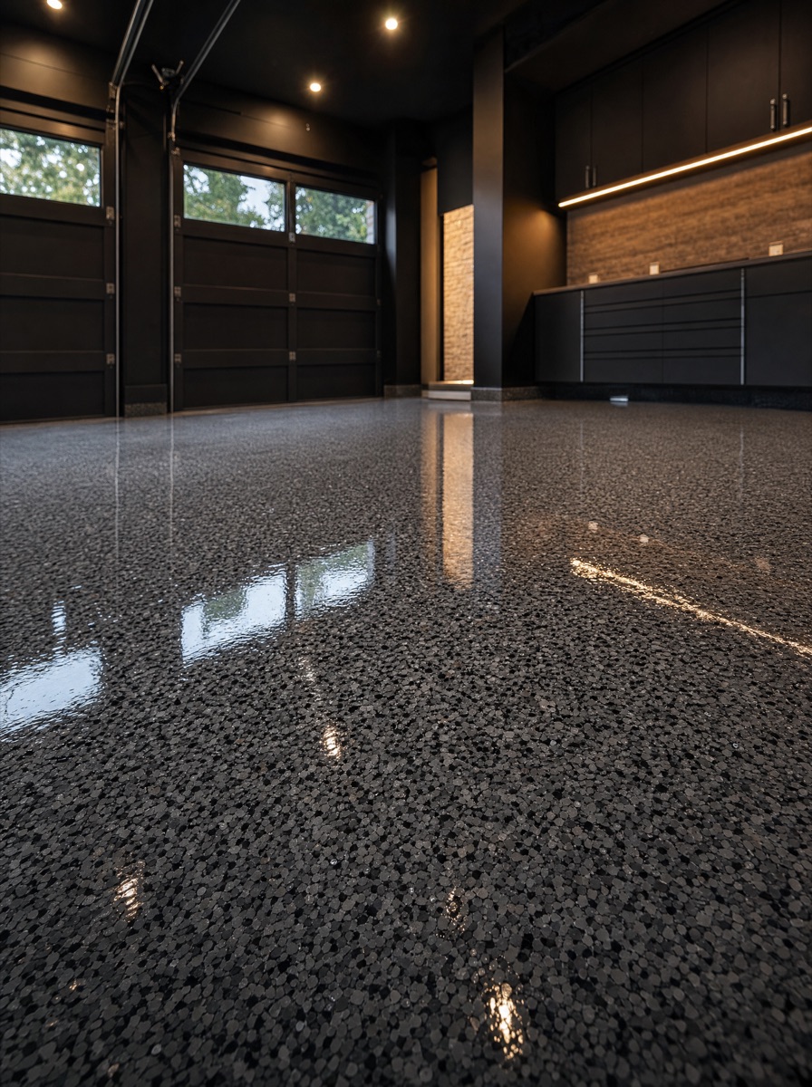 Glossy charcoal-flake epoxy garage floor reflecting the garage doors