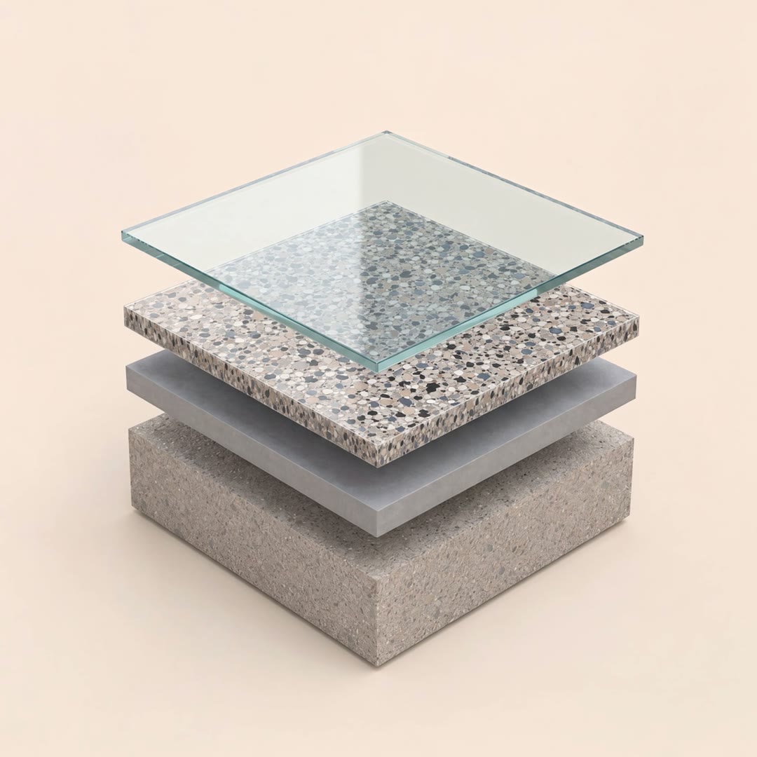 Exploded view of the four coating layers: the clear polyaspartic top coat, the decorative flake, the polyurea base coat, and the concrete slab beneath.